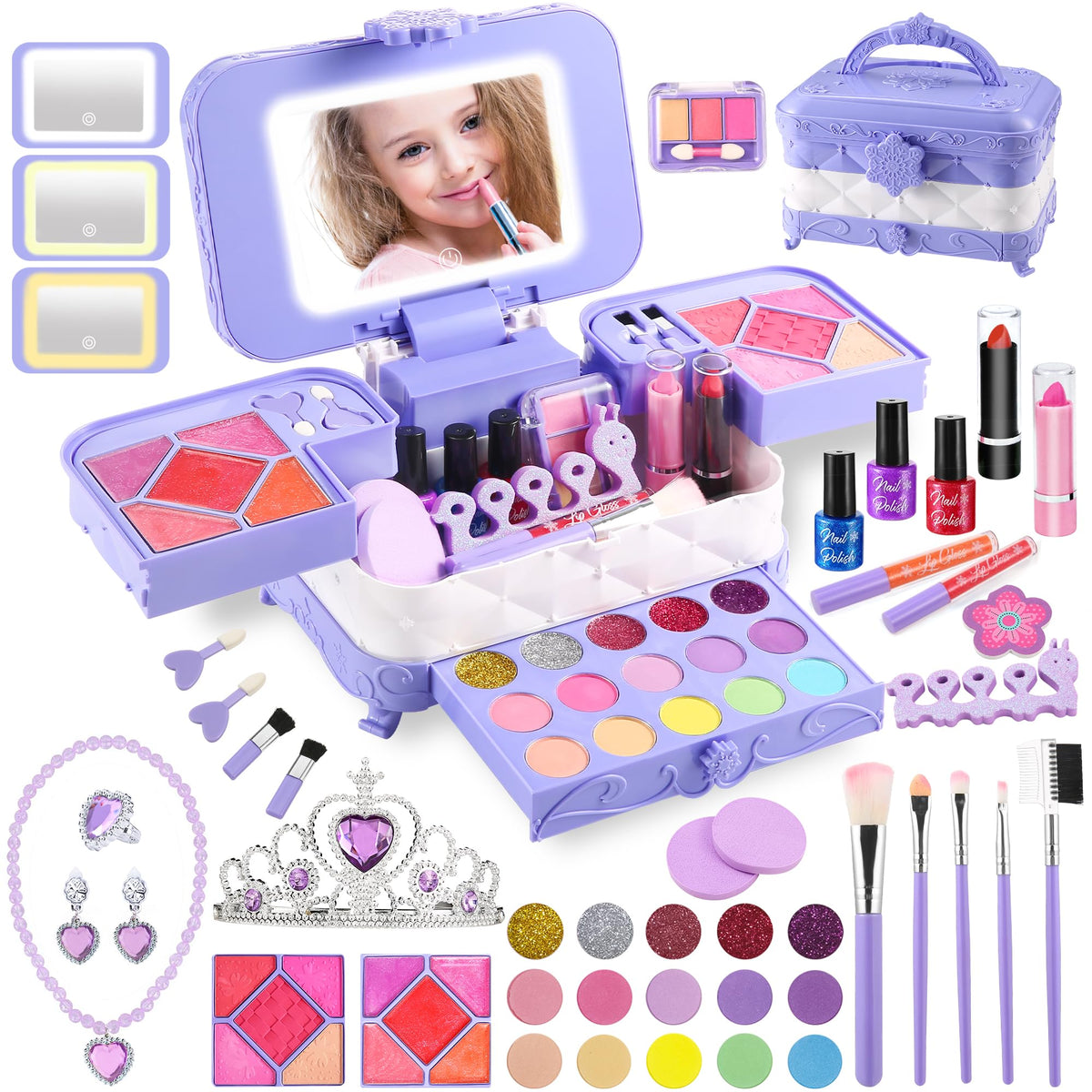 YasinKidz 59 in 1 Kids Makeup Kit with 3-Color Led Makeup Mirror Real Washable Kid Makeup Set for Girls Perfect Girl Birthday Gift Age 3+