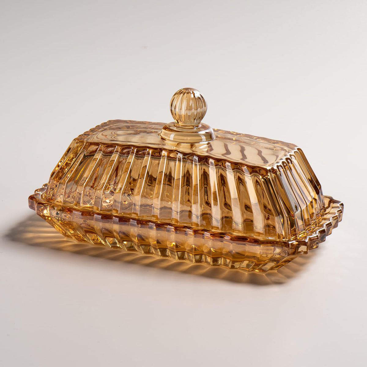 Champagne Color Glass Butter Dish with Lid Covered Butter Stick Holder Tray Crystal Glass Butter Storage Container for Fridge Kitchen Countertop
