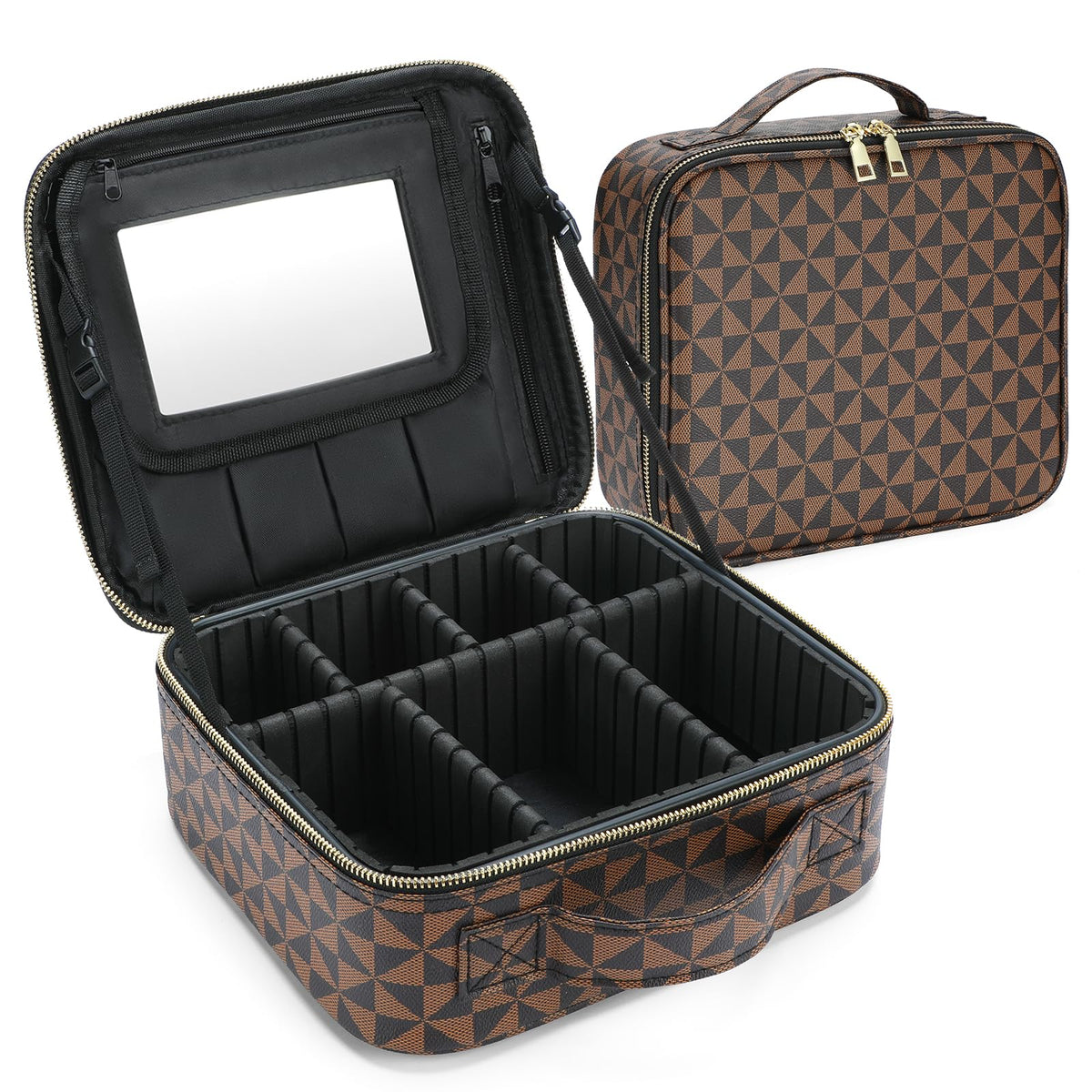 Checkered Makeup Bag Travel Makeup Train Case Portable Storage Bag with Dividers Large Capacity Cosmetic Bags for Women Makeup bag with Mirror PU Leather Makeup Organizer Waterproof and Durable